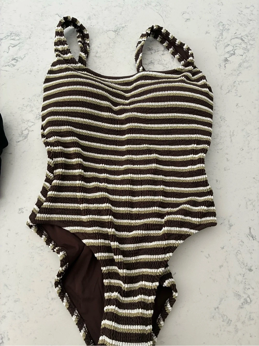 NWT Sz 10 J.Crew Claudia Scrunched Striped Brown & Cream One-Piece Swimsuit